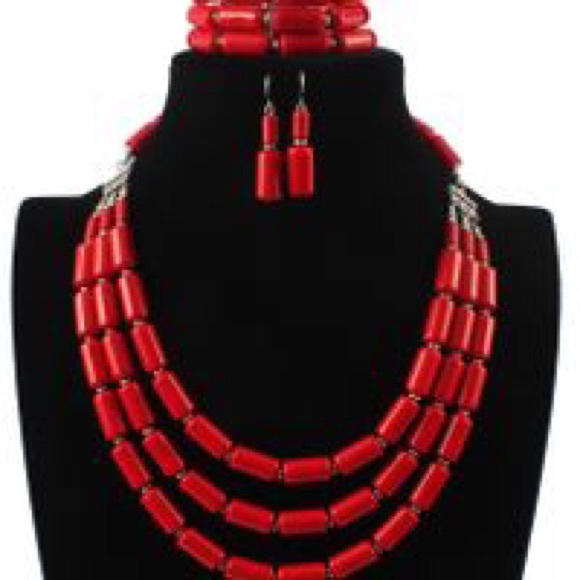 Red 3 Piece Multi Layered Necklace Set - Picture 2 of 7